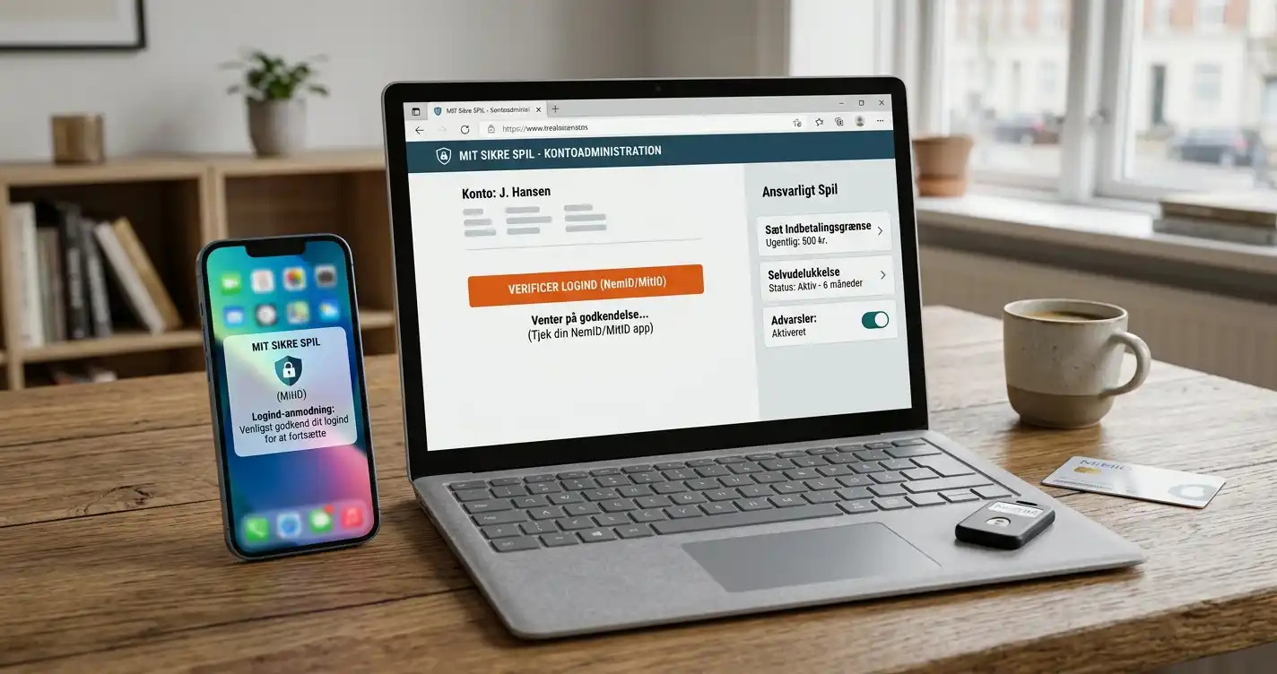 Person bruger mobil og laptop til login og kontogrænser i et dansk casinoforløb