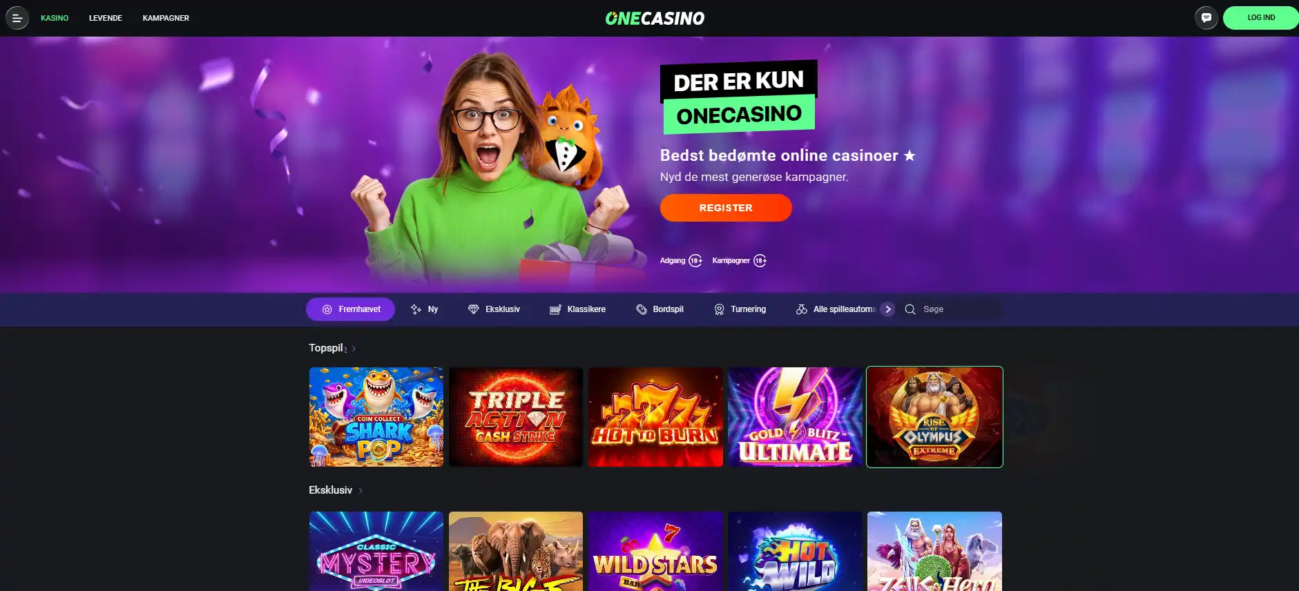 OneCasino-forsiden vist på en laptop i en dansk browserkontekst
