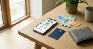 Mobiltelefon, betalingskort og banknoter i en neutral betalingsscene