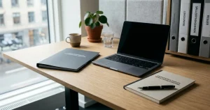 Dokumentmappe, laptop og notesblok i en neutral dansk licensscene