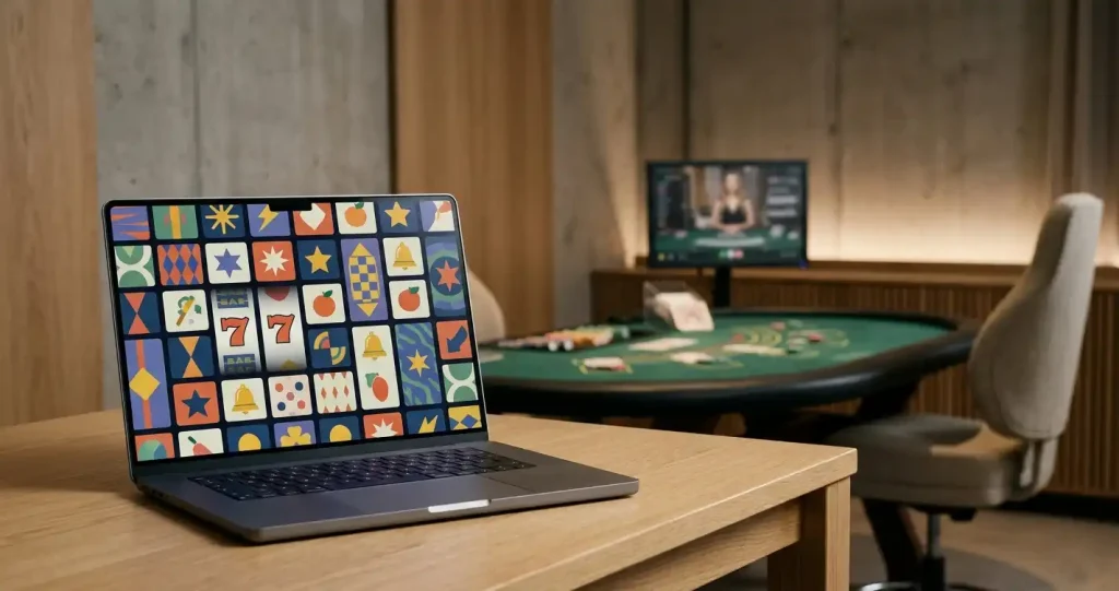 Laptop med generisk spillebibliotek og et live-casino-bord i baggrunden