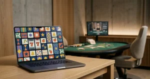 Laptop med generisk spillebibliotek og et live-casino-bord i baggrunden